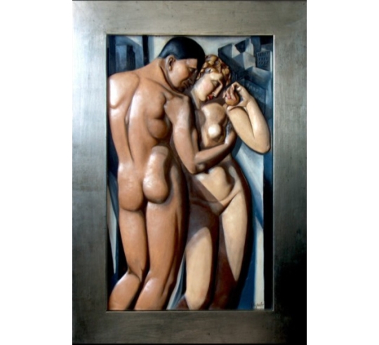 Relief painting Adam and Eve inspired by the work of Tamara de Lempicka.