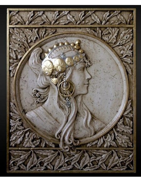 Tableau en relief Têtes byzantines, la Brunette d'après Alphons Mucha.
