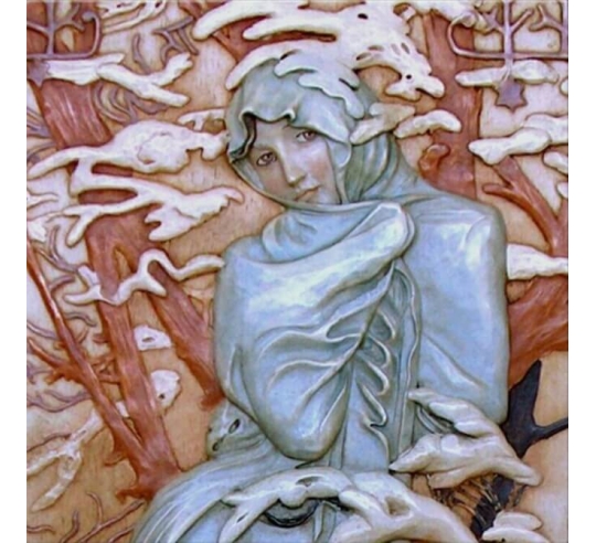 Relief painting The Seasons, Winter Fragment after Alphons Mucha.