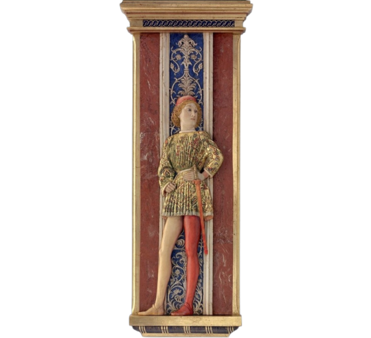 Cuadro en relieve de estilo florentino, caballero según Andrea Mantegna, fresco Palacio Ducal de Mantua, sala de los esposos.