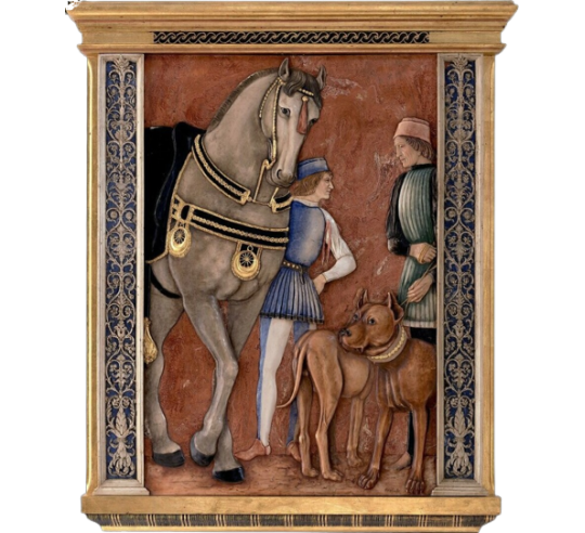 Florentine style relief painting, horse and dogs after Andrea Mantegna, fresco Ducal Palace of Mantua, bridal room.