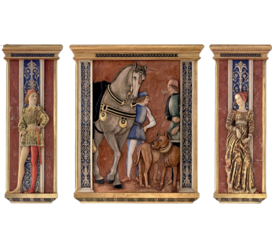Triptych in relief after Andrea Mantegna, fresco Ducal Palace of Mantua Castello San Giorgio, bridal room.