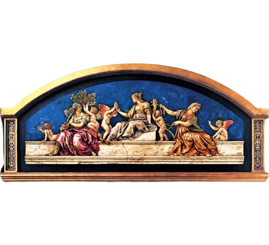 Relief painting The Cardinal and Theological Virtues, after the fresco by Raphael, Vatican Apostolic Palace.