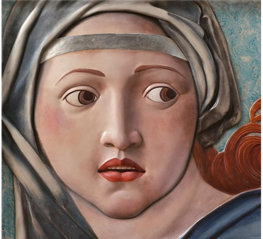 Relief painting, Portrait of the Sibyl of Delphi after Raphael, detail of the ceiling of the Sistine Chapel.
