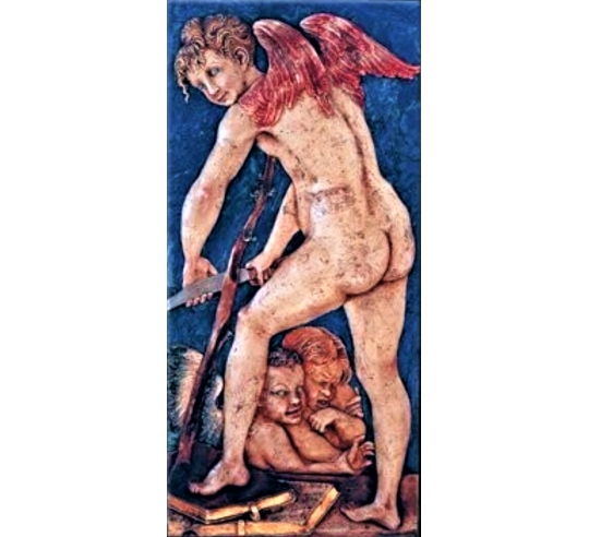 Tableau en relief de Cupidon fabriquant son arc d'après Parmigianino, Girolamo Francesco Maria Mazzola ou Mazzuoli.