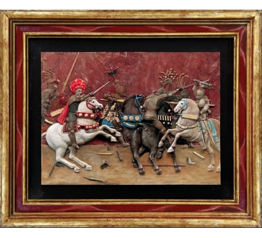 Relief painting The Battle of San Romano, London panel after Paolo Uccello.