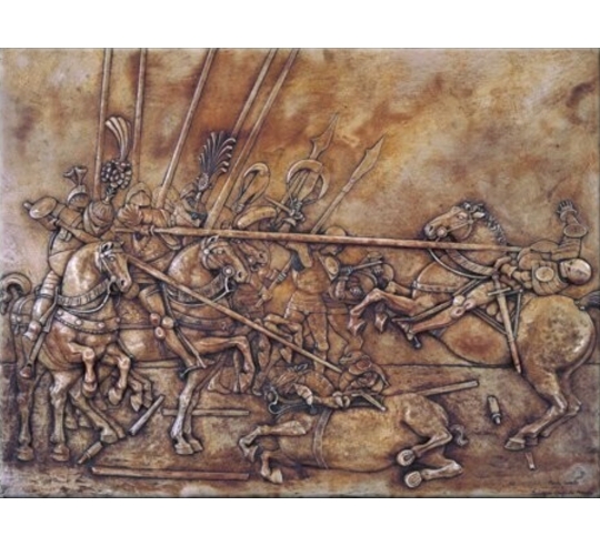 Relief painting The Battle of San Romano, panel of the offices in Florence after Paolo Uccello.