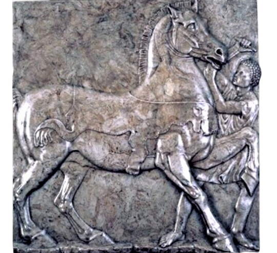 Bajorrelieve funerario de Penteli, caballo cubierto con una piel de pantera y un jinete, Museo Nacional de Atenas.