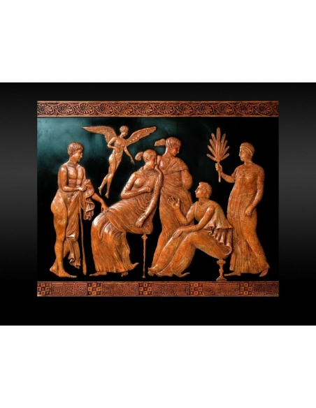 Bas-relief style Grèce antique, Eros accompagné d'un jeune homme et de plusieurs femmes.
