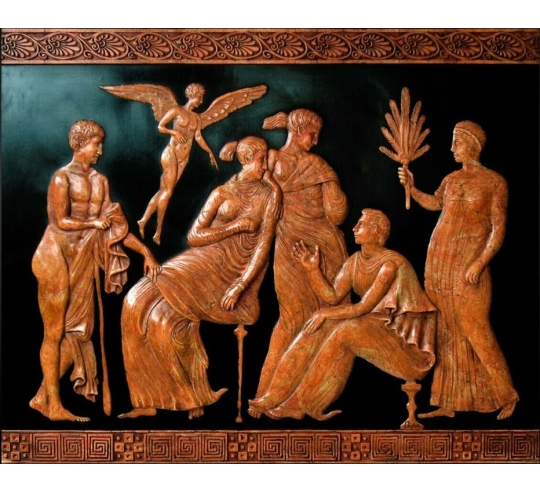 Bas-relief style Grèce antique, Eros accompagné d'un jeune homme et de plusieurs femmes.