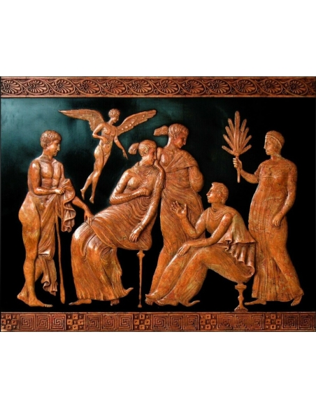 Bas-relief style Grèce antique, Eros accompagné d'un jeune homme et de plusieurs femmes.