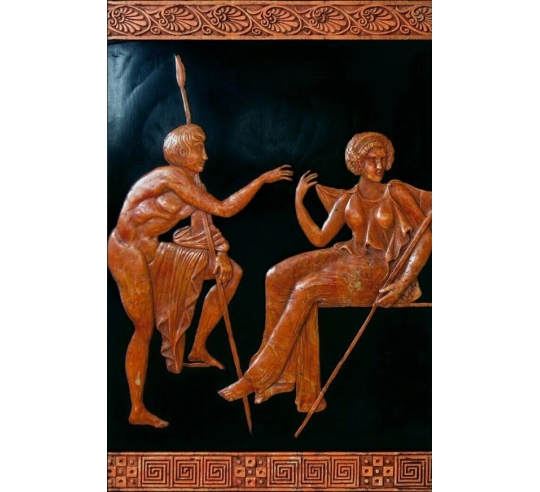 Bajorrelieve de estilo griego antiguo, joven guerrero con una lanza frente a una de las guardianes del jardín de las Hespérides.