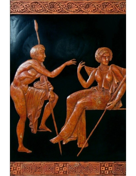 Bas-relief style Grèce antique, jeune guerrier armé d'une lance devant l'une des gardiennes du jardin des Hespérides.