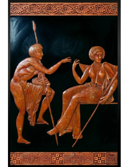 Bas-relief style Grèce antique, jeune guerrier armé d'une lance devant l'une des gardiennes du jardin des Hespérides.