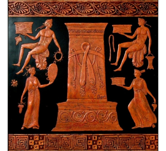 Bajorrelieve de deidades aportando regalos en torno a una estela de la colección de Sir William Hamilton, Museo Británico.