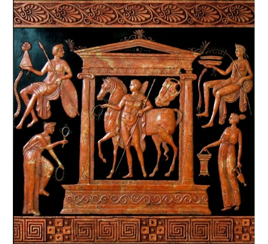 Bas-relief divinités apportant des présents à cavalier dans un temple d'après la collection de Sir Hamilton, British museum.