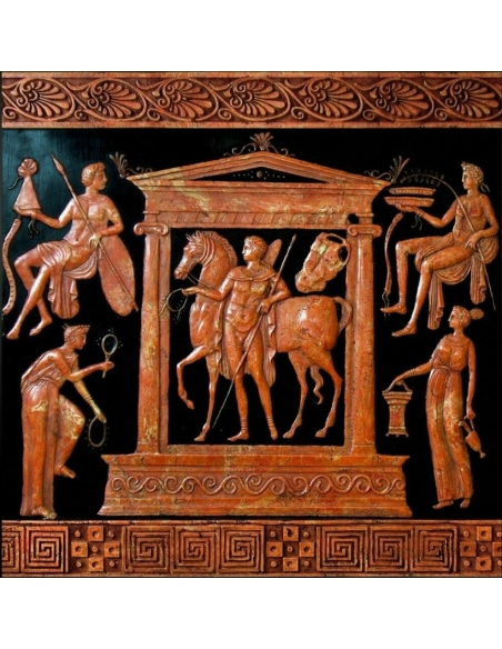 Bas-relief divinités apportant des présents à cavalier dans un temple d'après la collection de Sir Hamilton, British museum.