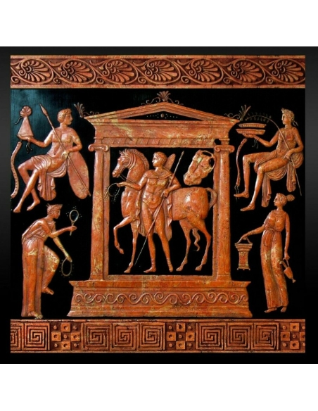 Bas-relief divinités apportant des présents à cavalier dans un temple d'après la collection de Sir Hamilton, British museum.