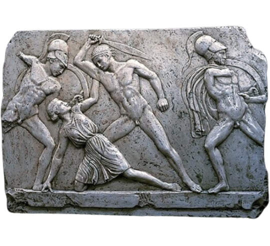 Bajorrelieve Batalla de griegos contra las amazonas, friso oriental del Mausoleo de Halicarnaso según Scopas.