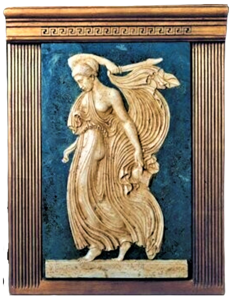 Low relief Menadus holding a sword and the part of a lamb, scene of ritual sacrifice of Bacchanal.