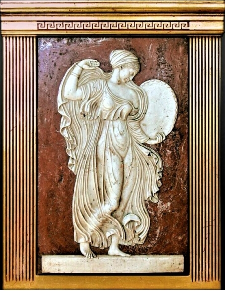 Low-relief Menadus playing the drum, Bacchanalian party scene.