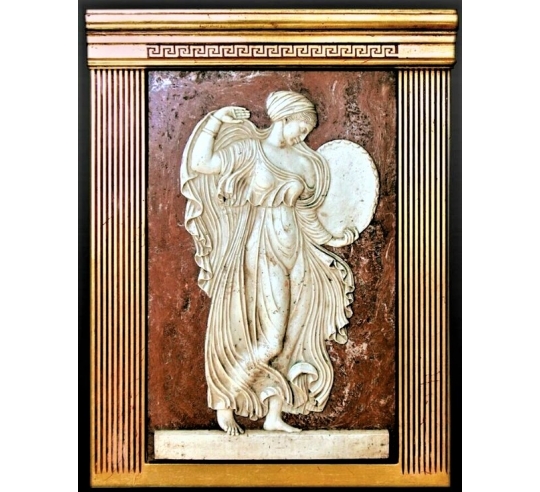 Low-relief Menadus playing the drum,...