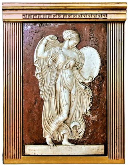 Low-relief Menadus playing the drum, Bacchanalian party scene.