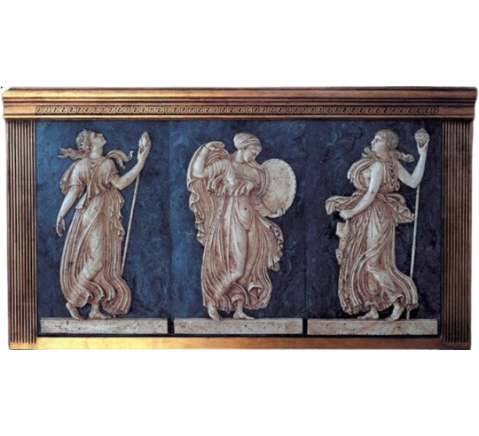 Tryptic in relief, the three Maenads, Bacchanalian party scene.