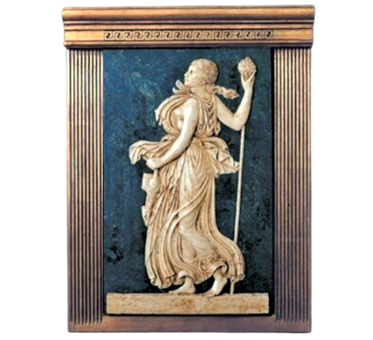 Low relief of Maenad holding a sacrificial lamb and a Thyrsus.