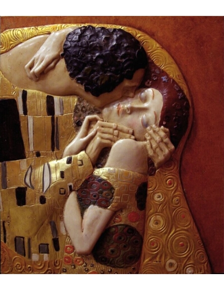 Relief painting The Kiss after Gustav Klimt.