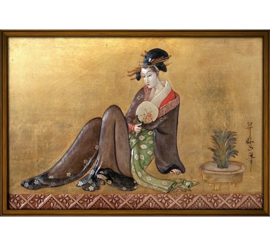 Relief painting of a beautiful Japanese courtesan or bijin-ga sitting and gently fanning herself, Ukiyo-e style scene.