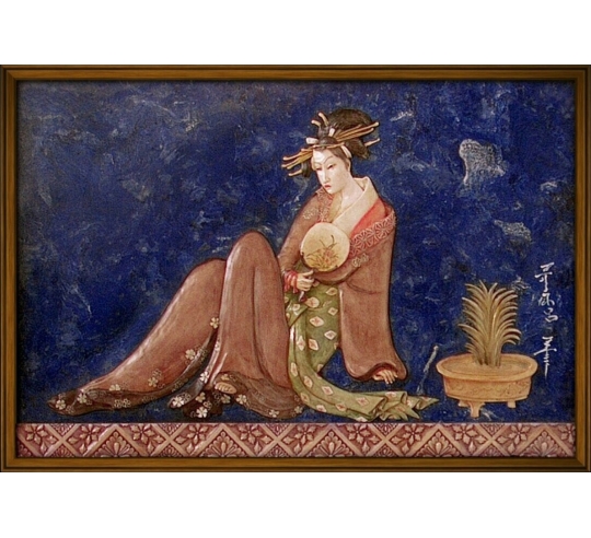 Relief painting of a beautiful Japanese courtesan or bijin-ga sitting and gently fanning herself, Ukiyo-e style scene.