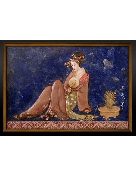 Relief painting of a beautiful Japanese courtesan or bijin-ga sitting and gently fanning herself, Ukiyo-e style scene.