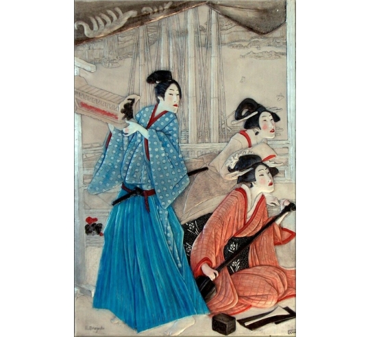 Tableau en relief jeunes courtisanes jouant de la musique au bord de la rivière d'après Kunisada II.