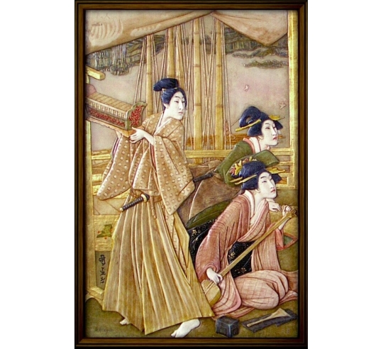 Relief painting of young courtesans playing music by the river after Kunisada II.