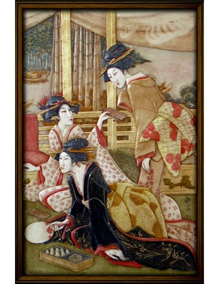 Cuadro en relieve de jóvenes cortesanas haciendo caligrafía junto al río según Kunisada II.