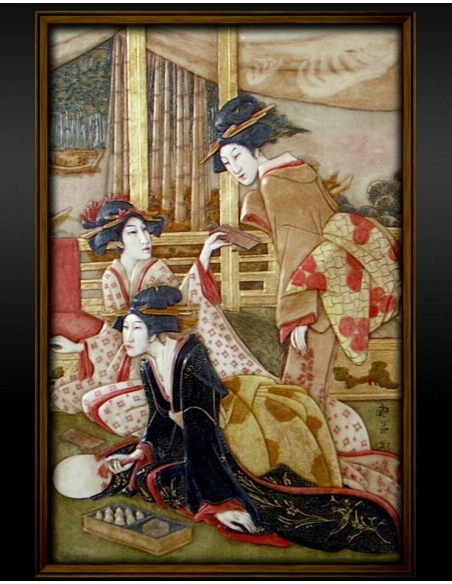 Cuadro en relieve de jóvenes cortesanas haciendo caligrafía junto al río según Kunisada II.