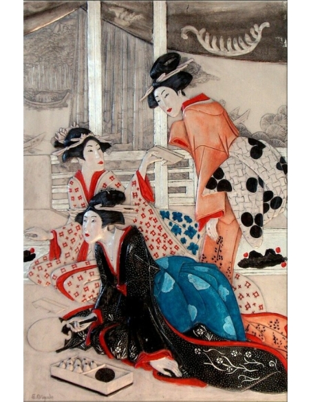 Cuadro en relieve de jóvenes cortesanas haciendo caligrafía junto al río según Kunisada II.