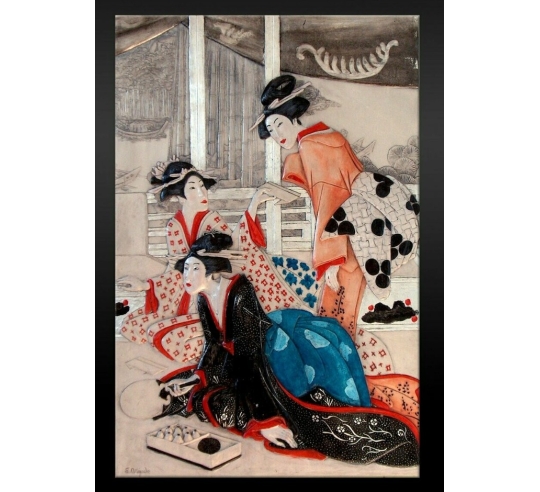 Cuadro en relieve de jóvenes cortesanas...