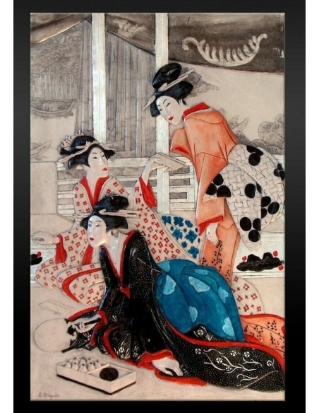 Cuadro en relieve de jóvenes cortesanas haciendo caligrafía junto al río según Kunisada II.