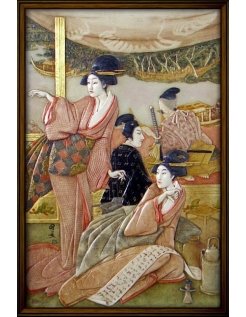 Tableau en relief jeunes courtisanes lisant de la poésie...