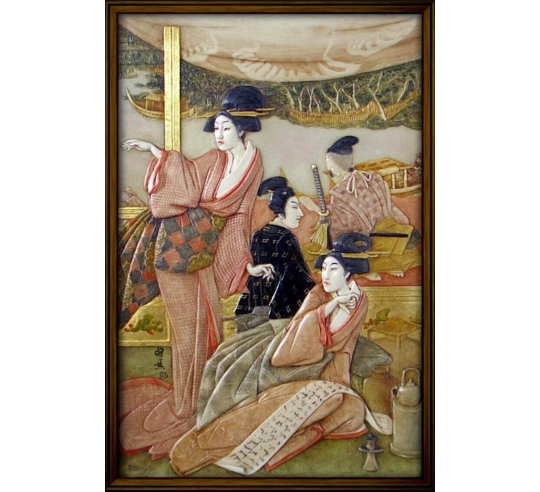 Relief painting of young courtesans reading poetry by the river after Kunisada II.