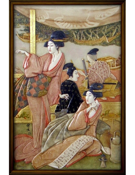 Tableau en relief jeunes courtisanes lisant de la poésie au bord de la rivière d'après Kunisada II.