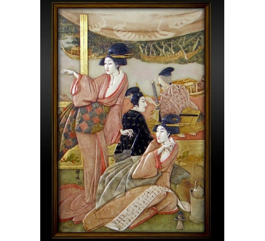 Tableau en relief jeunes courtisanes lisant de...