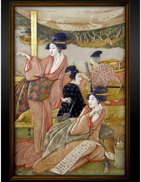 Tableau en relief jeunes courtisanes lisant de la poésie au bord de la rivière d'après Kunisada II.