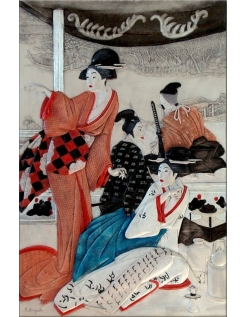 Tableau en relief jeunes courtisanes lisant de la poésie...