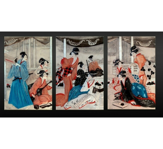 Tríptico en relieve Jóvenes cortesanas junto al...