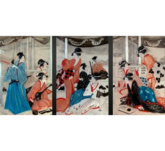 Tryptic in relief Young Courtesans by the River after Kunisada II.