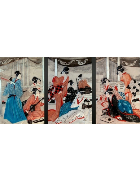 Tríptico en relieve Jóvenes cortesanas junto al río según Kunisada II.