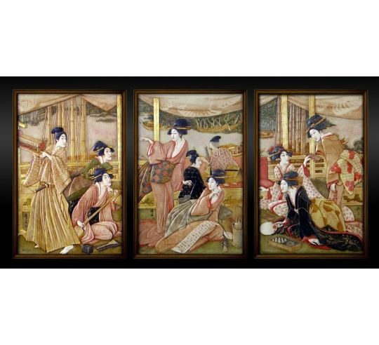 Tryptic in relief Young Courtesans by the River...